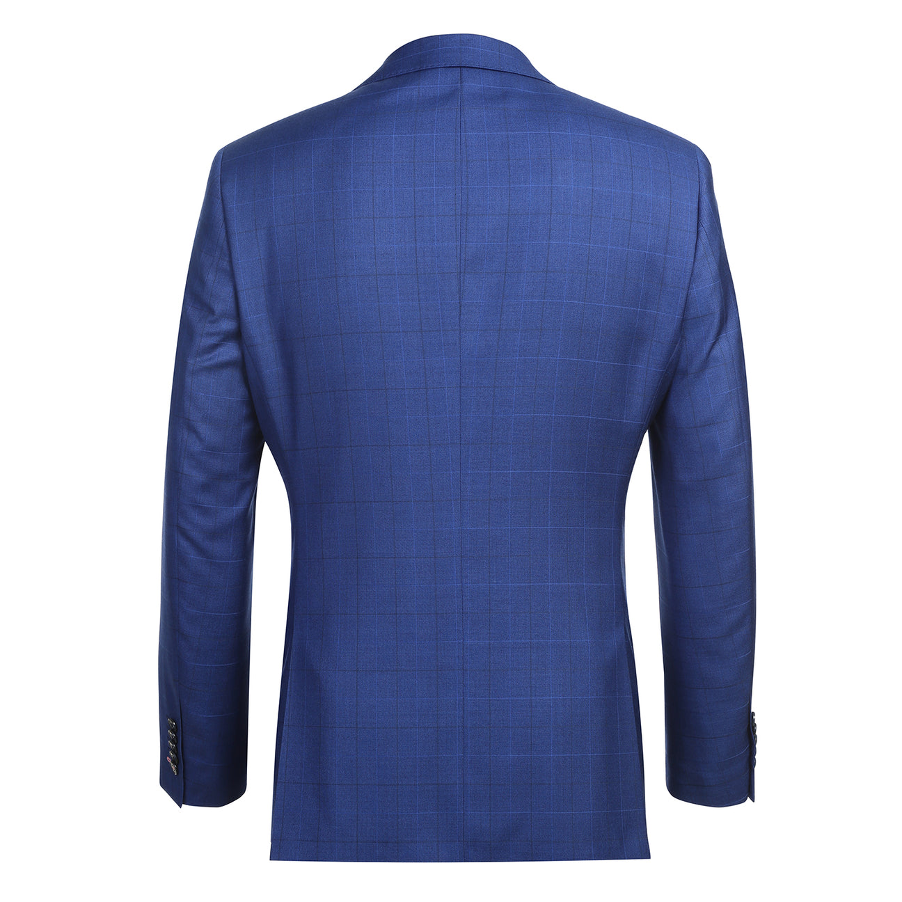 The ENGLISH LAUNDRY Royal Blue Check Suit 12-52-412EL by English Laundry features a slim fit jacket with notch lapels, styled on a mannequin with a white dress shirt and red patterned tie.