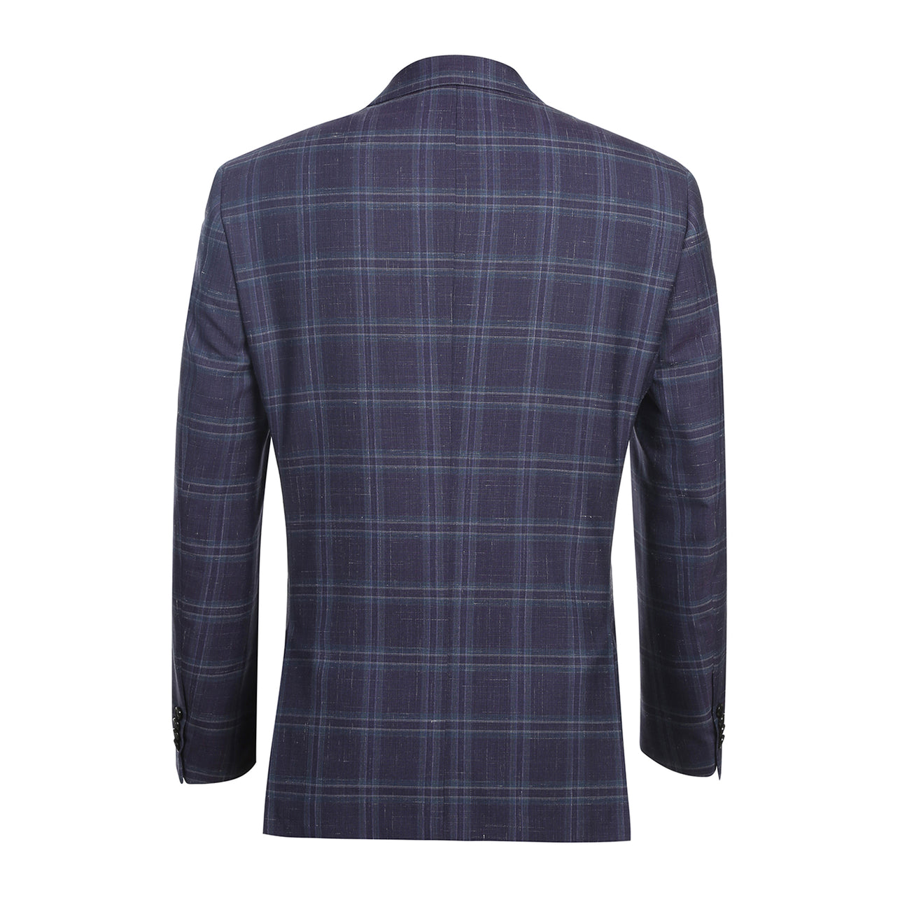 The Alessandro Vitello by Renoir New Slim Fit Wool Blazer Purple Blue 565-6 is displayed on a mannequin, highlighting its slim fit and single-breasted design. It includes a white shirt, red tie, pocket square, notch lapel, and two-button closure.