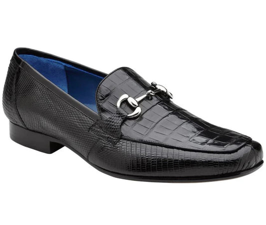 The BELVEDERE Belvedere - 1030 Black (SIZE9 ONLY) is a black leather loafer featuring a textured crocodile pattern and silver metal bit detail across the top.