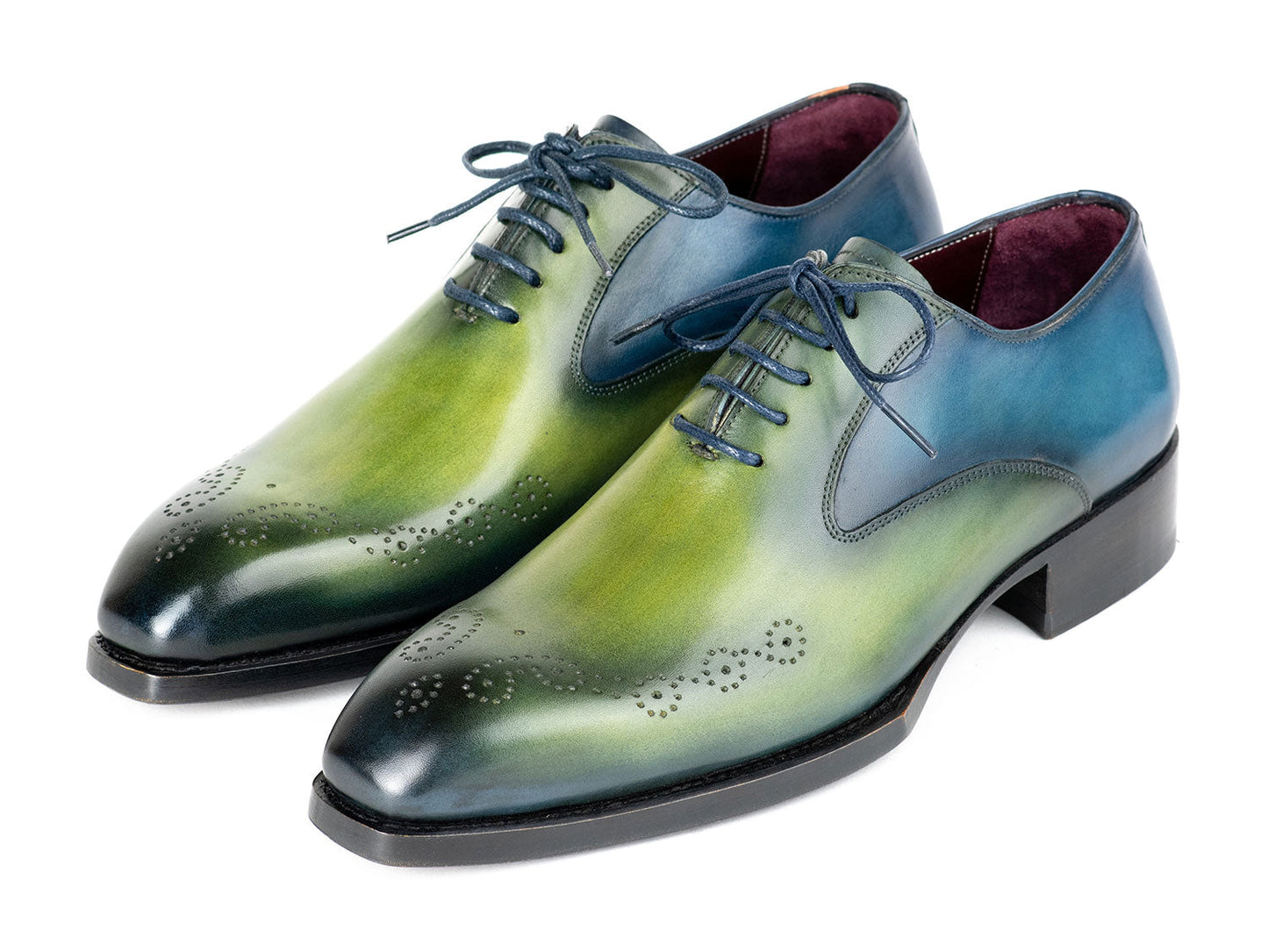 Introducing the Paul Parkman Goodyear Welted Punched Oxfords in Blue & Green (5364-GBL), a pair of hand-painted leather dress shoes featuring a stunning green and blue gradient, laces, decorative perforations, and crafted with a Goodyear welted sole.