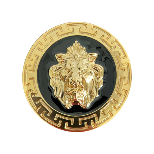 The Matiste Black/Gold Belt Buckle 40mm B40 features a round gold design inspired by Italian luxury, with a raised lion head on a black background and a geometric gold border.