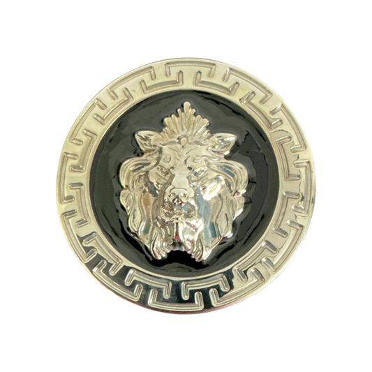 The Matiste Black/Silver Belt Buckle 40mm B40 features a raised lion's head at center, surrounded by a Greek key design on black, with gold and silver enamel accents for a bold Italian luxury look.