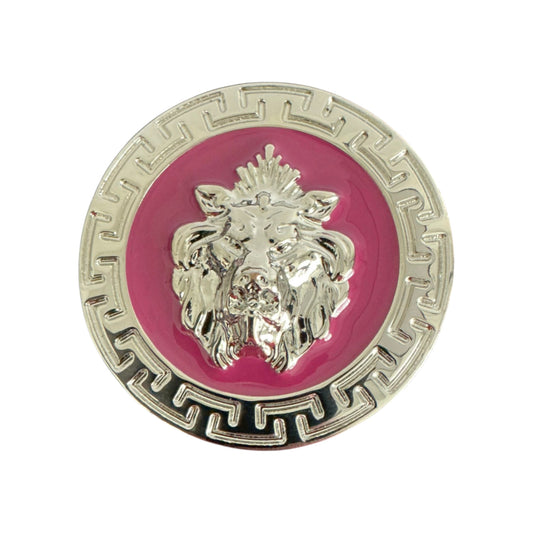 The Matiste Fuxia/Silver Belt Buckle 40mm B40 features a silver lion head on a pink backdrop with a Greek key border, inspired by Italian luxury. Elevate your Matiste belt or any 40mm Lion Buckle collection with this standout piece.
