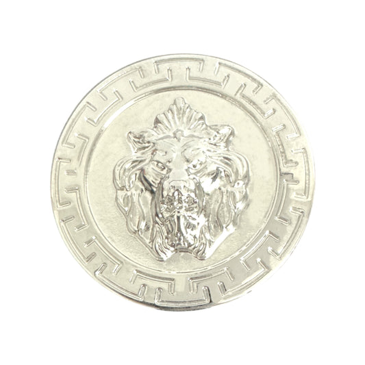 The Matiste Silver Belt Buckle 40mm B40 by Matiste features a detailed lion's head at the center, framed by a geometric border reminiscent of Italian luxury buckle designs.