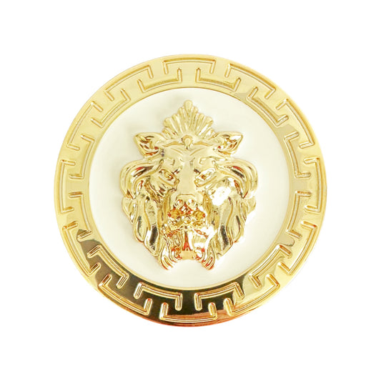 The Matiste White/Gold Belt Buckle 40mm B40 features a raised lion head and Greek key border on a white background, blending Italian luxury style. Brand: Matiste.