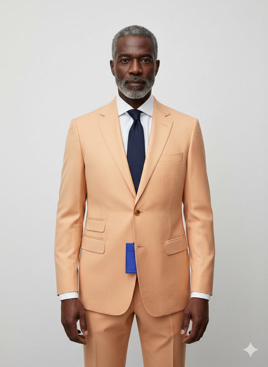 The Cavelli Uomo Porto SLIM FIT Suit 1986/11 in light orange by CAVELLI is shown on a hanger against a gray wood floor, featuring gold buttons and a blue tag. FINAL SALE: no returns or exchanges. Ideal for office wear.