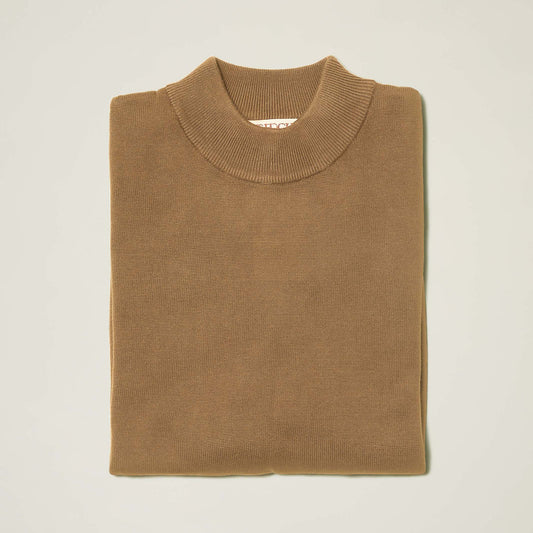 The Inserch Cotton Blend Mock Neck Sweater Coffee 4308-00023 features a folded, light brown knit design with a round neckline, made from an anti-pilling cotton-acrylic blend, and is displayed on a plain light background.