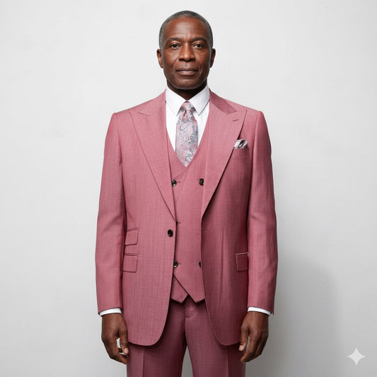 The mannequin features the Tiglio Rosso Orvietto Light Red TL4016, a wool three-piece suit in pink (sizes 48R, 50R, 52R), accompanied by a paisley tie and pocket square. Its elegance contrasts with the plain concrete backdrop, illustrating Tiglio Rosso's timeless style.