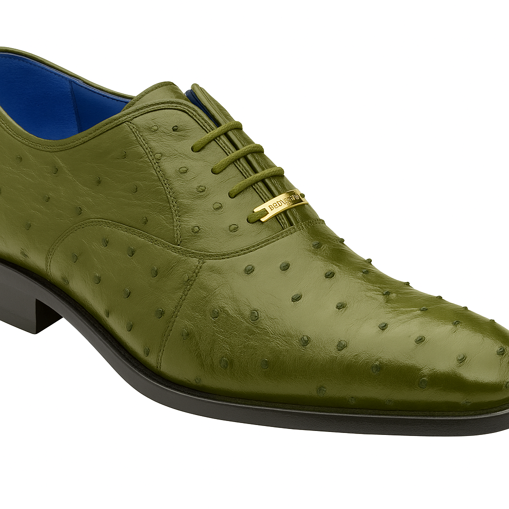 The BELVEDERE Orlando is an olive genuine ostrich quill lace-up dress shoe with a blue leather lining, gold lace ornament, and black sole, displayed on a white background.