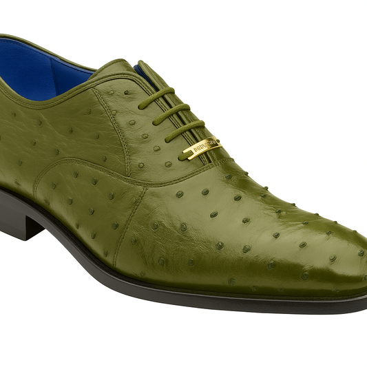 The BELVEDERE Orlando is an olive genuine ostrich quill lace-up dress shoe with a blue leather lining, gold lace ornament, and black sole, displayed on a white background.