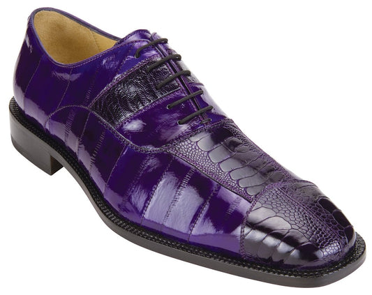 The Belvedere Mare is a genuine ostrich and eel leather dress shoe in striking purple, featuring a textured reptile pattern and sleek black laces.