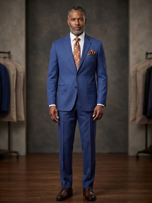 A man wearing the Tiglio Luxe Dolcetto Modern Fit Blue with Mocha Stripe Wool Suit TL7020, paired with a white shirt and orange patterned tie, stands on a wooden floor with clothing racks in the background, embodying the sophistication of Tiglio Luxe’s tailored menswear.