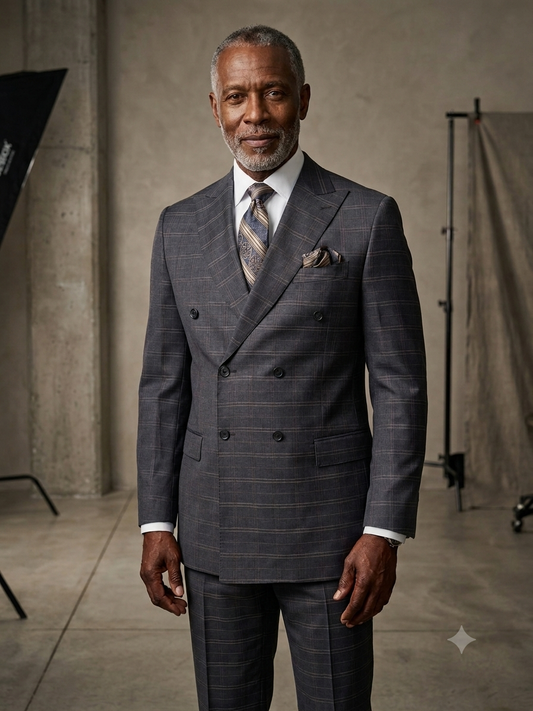 A man with gray hair and beard wears the Tiglio Luxe PISTOIA Modern Fit Dark Grey/Tan Window Pane Double Breasted Suit TL5118 by Tiglio, paired with a tie and pocket square, standing in a studio with a plain backdrop.