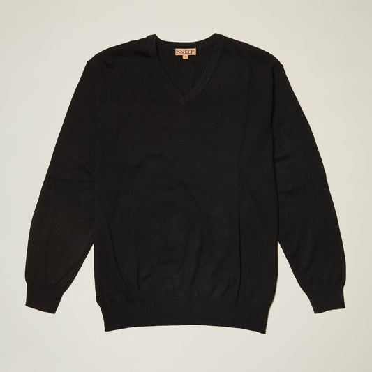 The Inserch Cotton Blend V-Neck Sweater 4608-00001 Black is laid flat on a plain light background, showcasing its long sleeves and anti-pilling cotton-acrylic fabric.