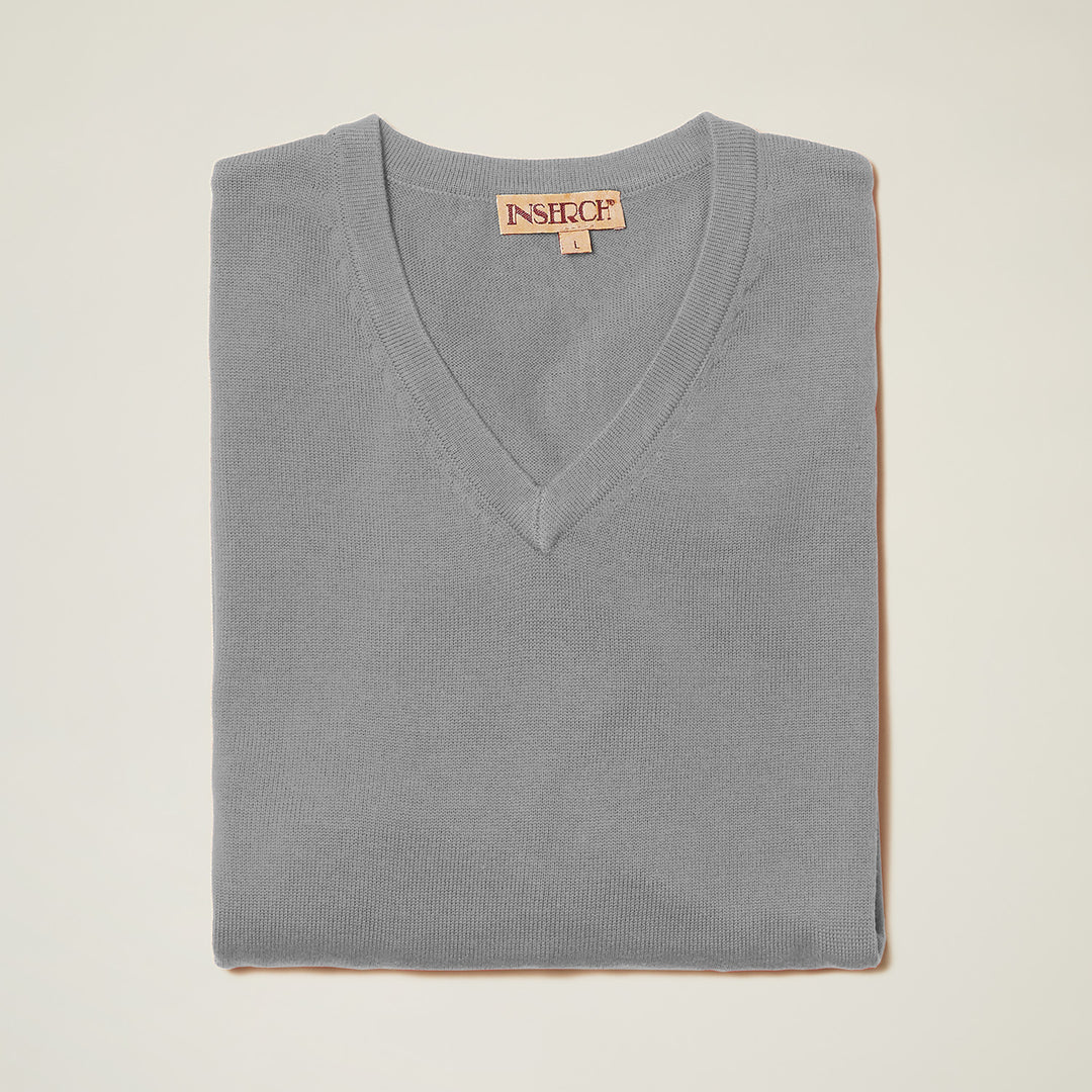 The Inserch Cotton Blend V-Neck Sweater 4608-00033 in grey features a soft cotton-acrylic blend and a beige “INSERCH” tag, neatly folded and displayed on an off-white background.