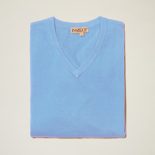The Inserch Cotton Blend V-Neck Sweater 4608-00183 in Blue Mist, with a visible Inserch label, is neatly folded on an off-white background.