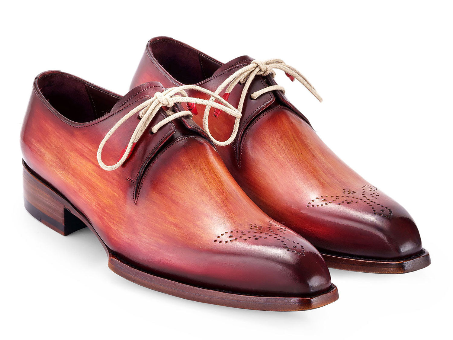 The Paul Parkman Goodyear Welted Derby Shoes 468R21 feature polished, hand-painted leather in a reddish brown gradient with light laces and perforated toe caps, blending style and craftsmanship from the renowned Paul Parkman brand.