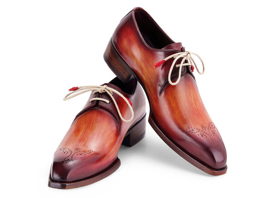 The Paul Parkman Goodyear Welted Derby Shoes 468R21 feature polished, hand-painted leather in a reddish brown gradient with light laces and perforated toe caps, blending style and craftsmanship from the renowned Paul Parkman brand.