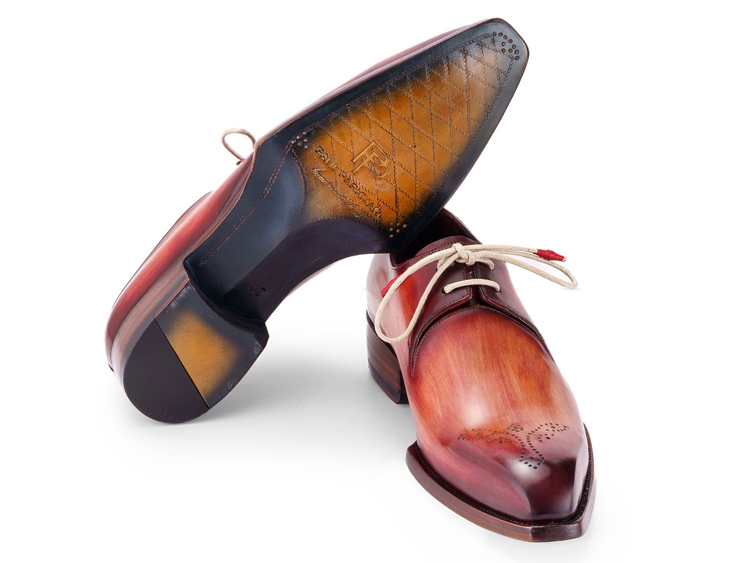 The Paul Parkman Goodyear Welted Derby Shoes 468R21 feature polished, hand-painted leather in a reddish brown gradient with light laces and perforated toe caps, blending style and craftsmanship from the renowned Paul Parkman brand.