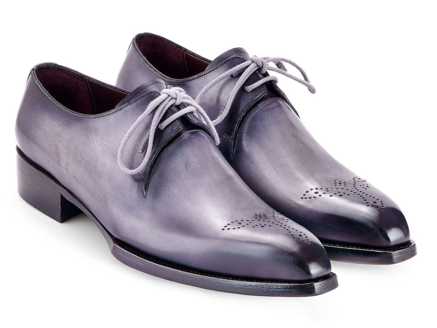 The Paul Parkman Goodyear Welted Derby Shoes Gray - 468S78 by Paul Parkman are gray, hand-painted leather lace-up dress shoes with decorative toe perforations and Goodyear welt construction, shown against a white background.