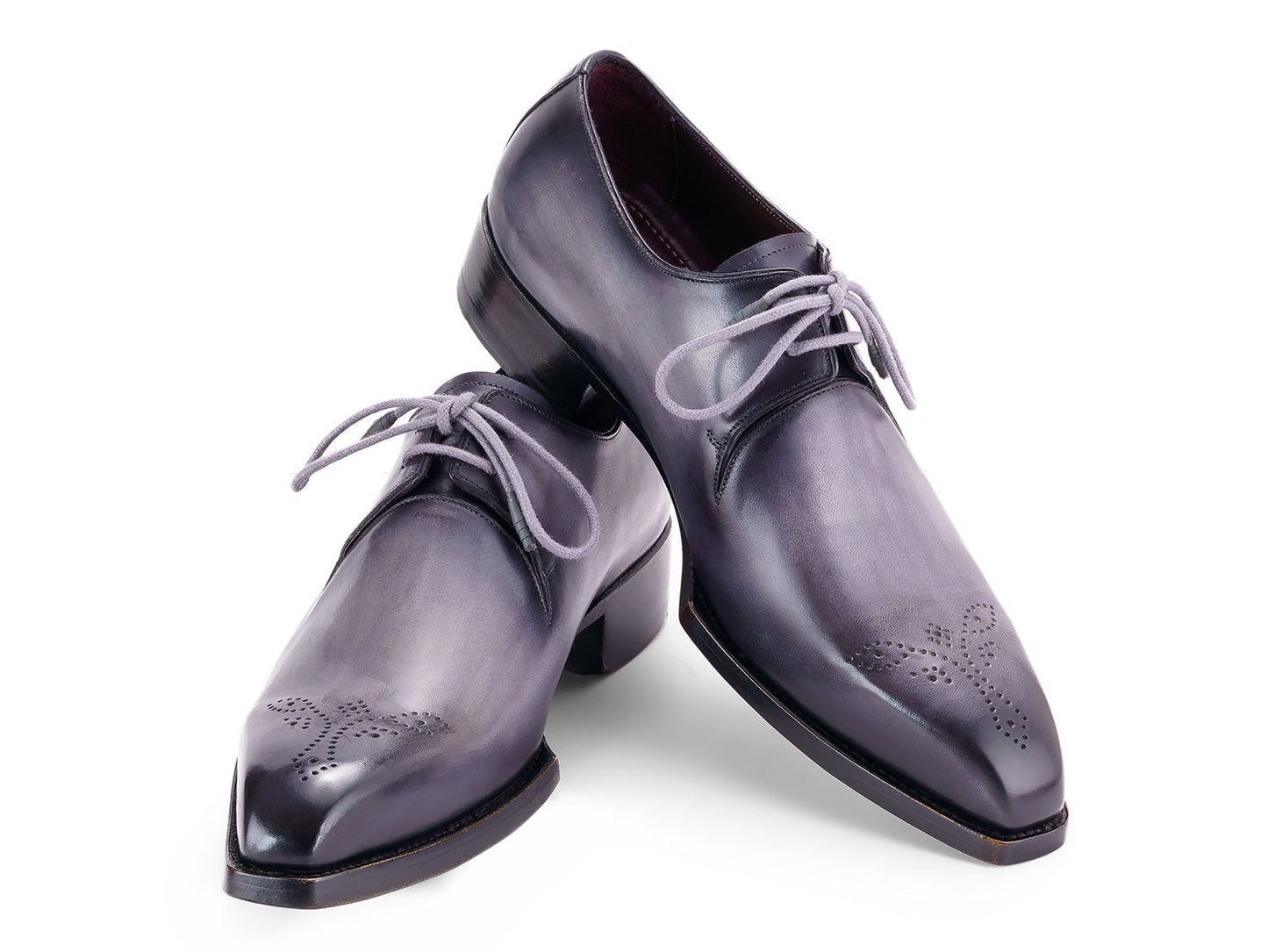 The Paul Parkman Goodyear Welted Derby Shoes Gray - 468S78 by Paul Parkman are gray, hand-painted leather lace-up dress shoes with decorative toe perforations and Goodyear welt construction, shown against a white background.