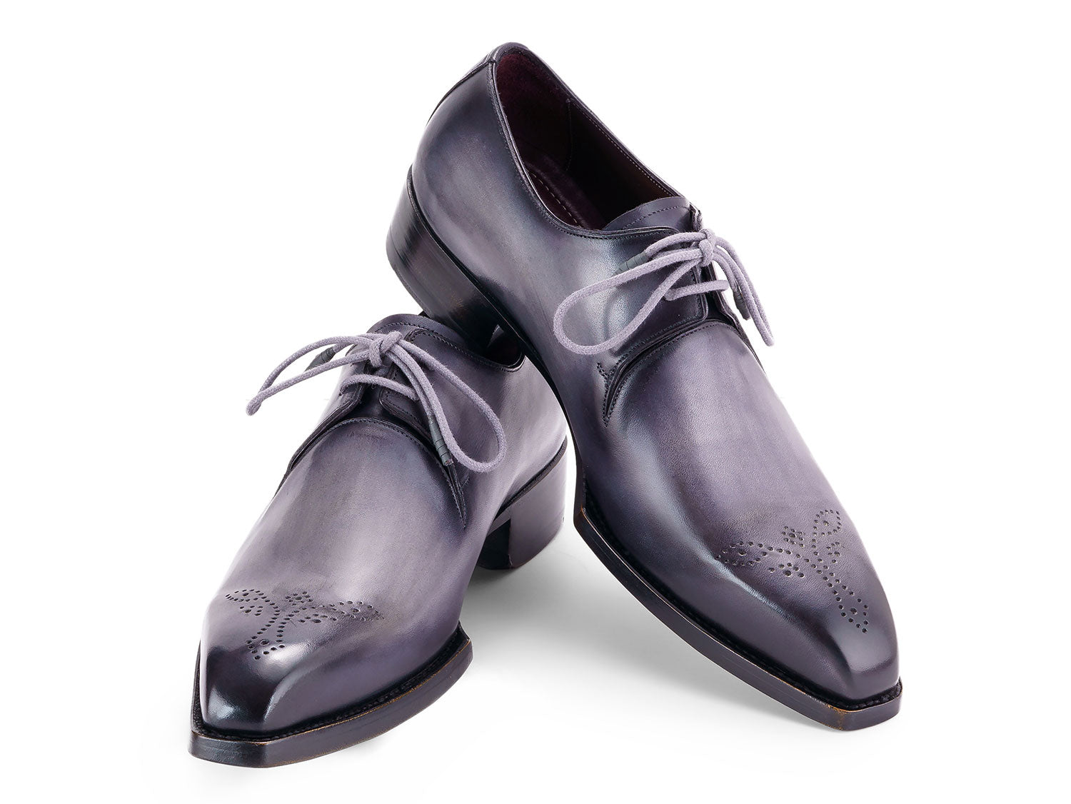 The Paul Parkman Goodyear Welted Derby Shoes Gray - 468S78 by Paul Parkman are gray, hand-painted leather lace-up dress shoes with decorative toe perforations and Goodyear welt construction, shown against a white background.