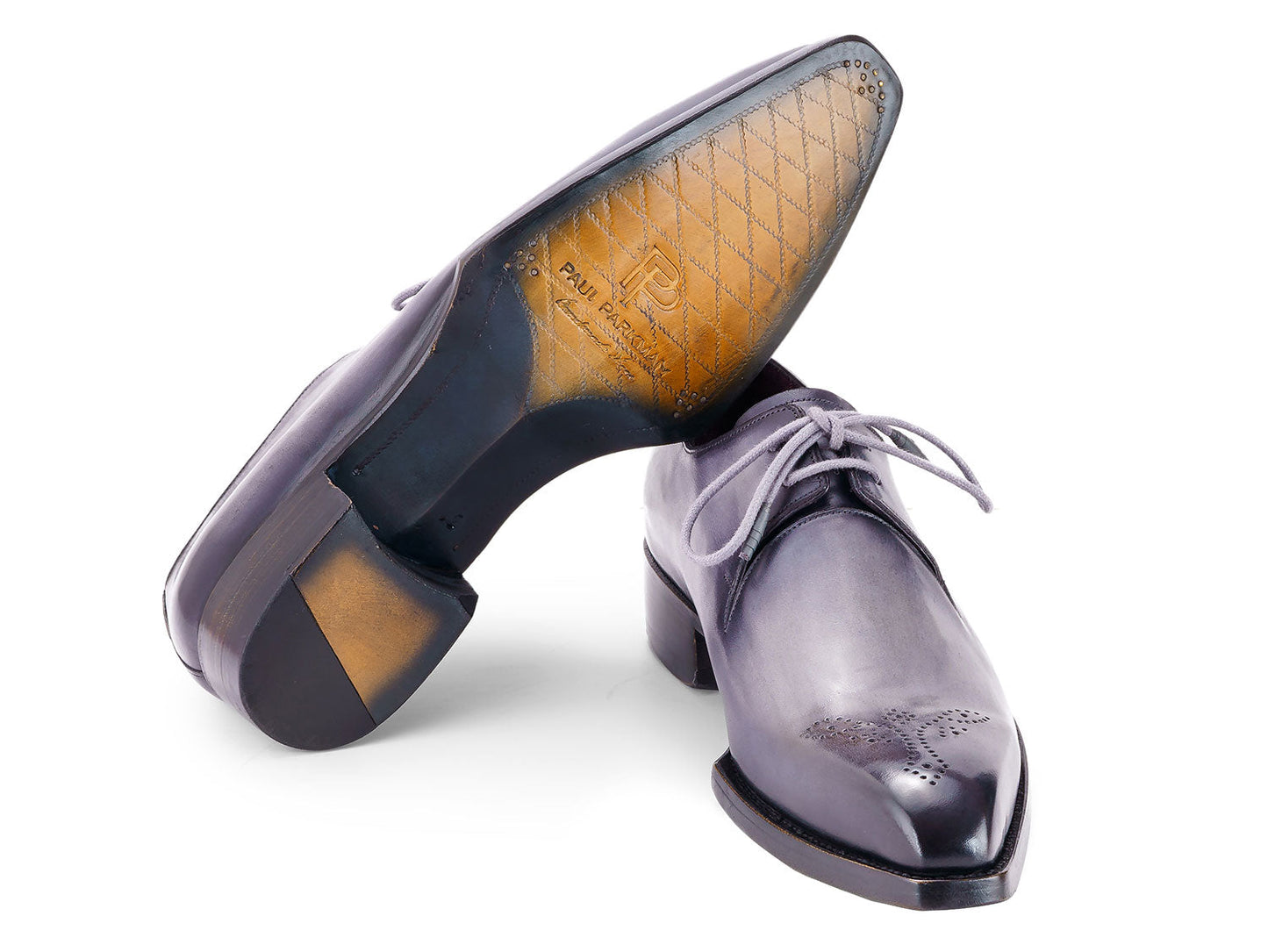 The Paul Parkman Goodyear Welted Derby Shoes Gray - 468S78 by Paul Parkman are gray, hand-painted leather lace-up dress shoes with decorative toe perforations and Goodyear welt construction, shown against a white background.