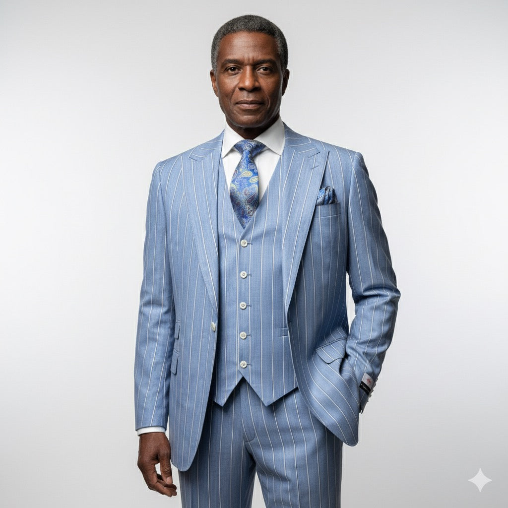 A mannequin showcases the Tiglio Rosso Portofino Blue Pinstripe Semi Wide Leg TL8099 suit, paired with a patterned tie, white shirt, and black dress shoes, set against a plain gray background.