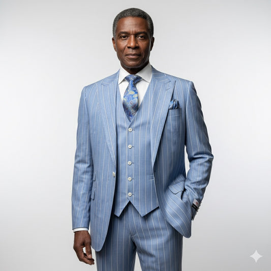 A mannequin showcases the Tiglio Rosso Portofino Blue Pinstripe Semi Wide Leg TL8099 suit, paired with a patterned tie, white shirt, and black dress shoes, set against a plain gray background.