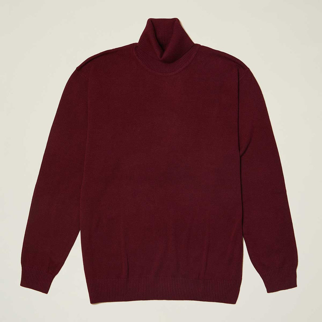 The Inserch Cotton Blend Turtleneck Sweater Burgundy 4708 by Inserch, made from a soft cotton-acrylic blend, is displayed flat on a light background.