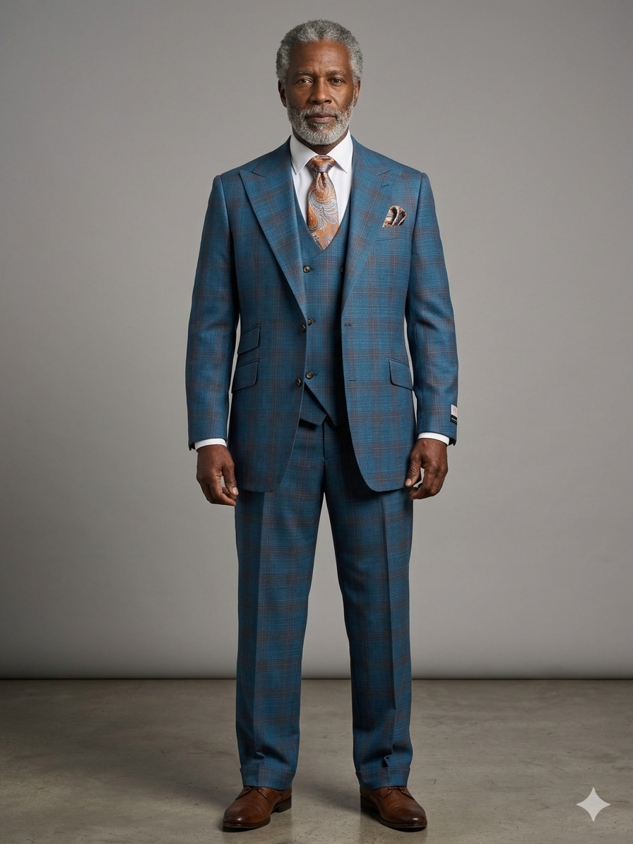 An older man with gray hair and beard models the Tiglio Rosso Orvietto Blue/Rust Plaid Semi Wide Leg TL26309 three-piece suit, paired with a white shirt, patterned tie, and brown shoes against a plain gray background.