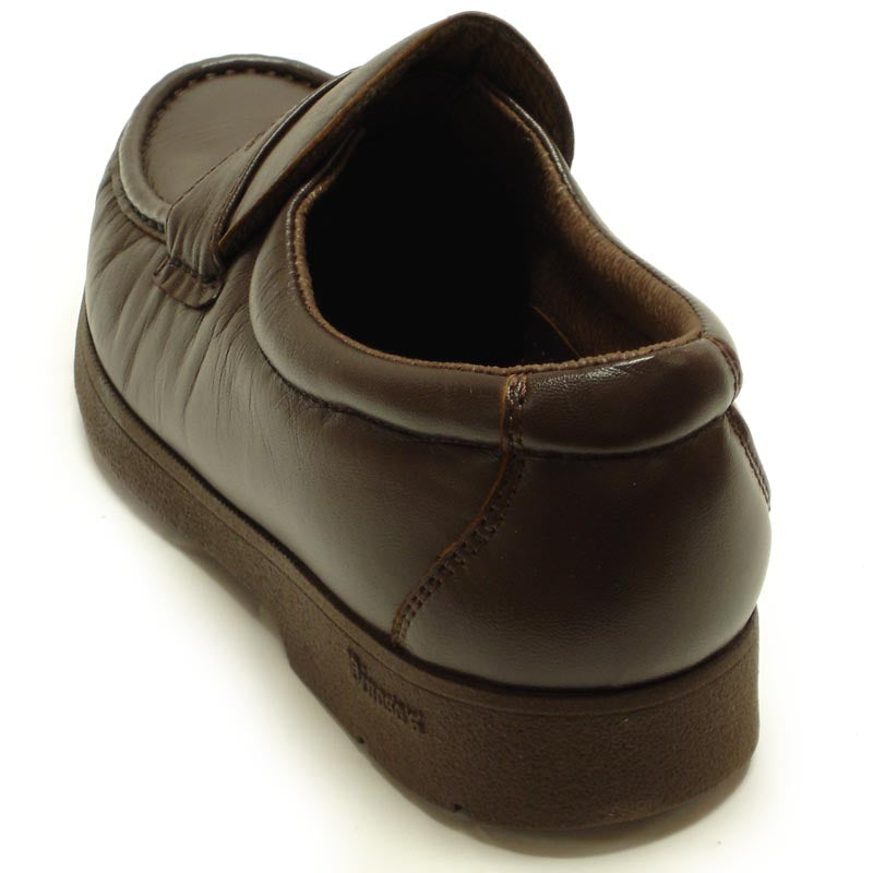 A pair of Pinoso's P-4804-628 Brown Slip on Penny Loafer for men, made in Spain, crafted in brown Nappa leather with a stitched design and low heels, displayed on a white background.