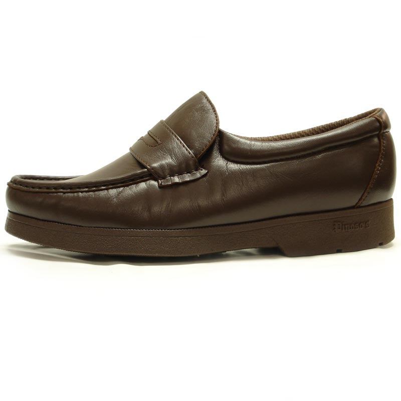 A pair of Pinoso's P-4804-628 Brown Slip on Penny Loafer for men, made in Spain, crafted in brown Nappa leather with a stitched design and low heels, displayed on a white background.