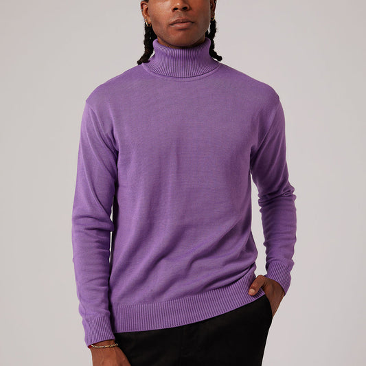 A person wears the Inserch Cotton Blend Slim Fit Turtleneck Sweater in Amethyst (4808) with black pants, standing with one hand in their pocket against a plain background.