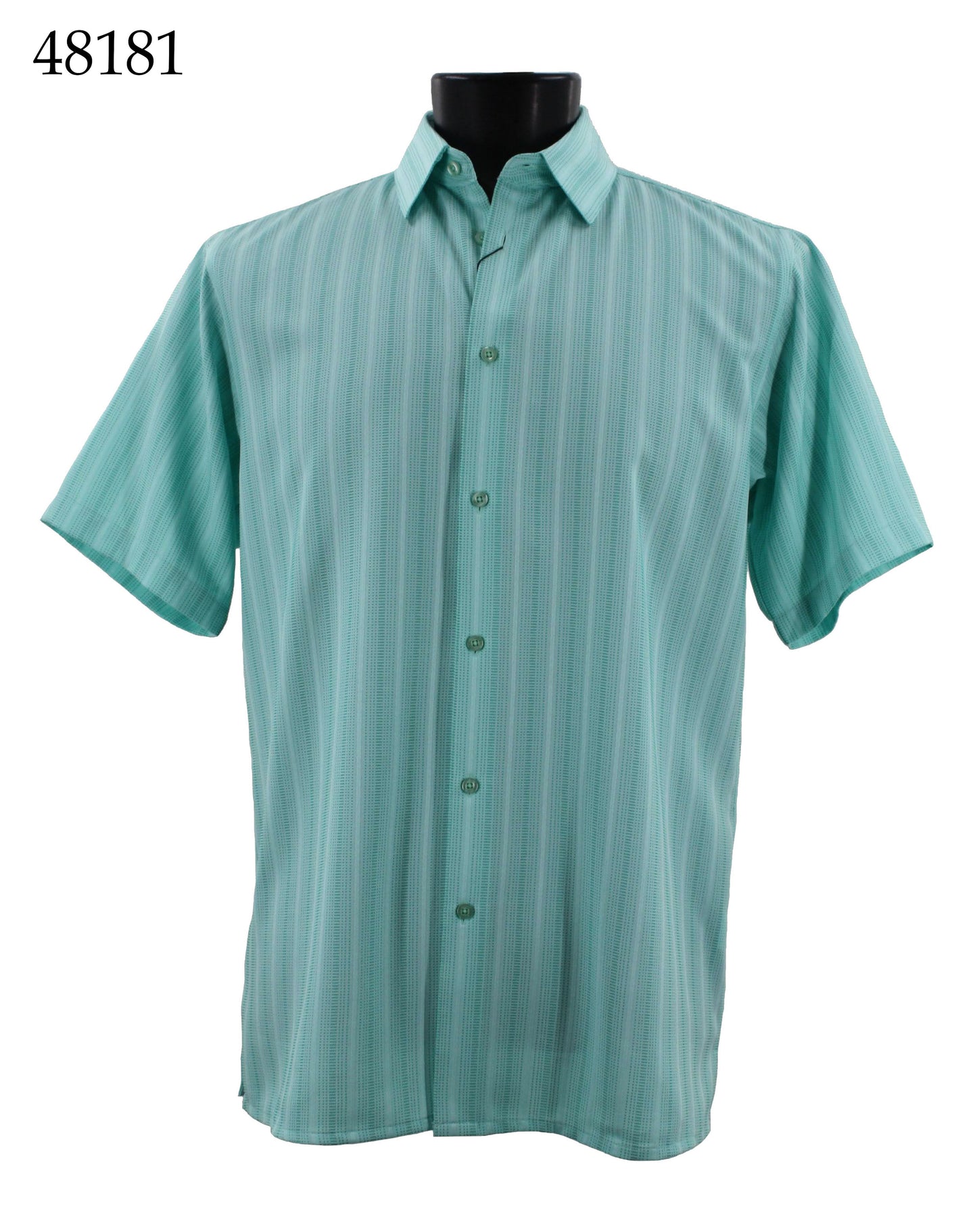 The Bassiri Short Sleeve Shirt 48181, crafted by the brand Bassiri, is a Regular Fit button-up with short sleeves and a light green subtly striped pattern, elegantly displayed on a black mannequin torso.