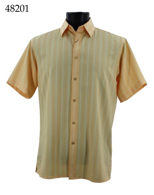 The Bassiri Short Sleeve Shirt 48201 by Bassiri is a regular fit, short-sleeved shirt with vertical stripes in shades of beige and salmon. It is ideal for any clothing collection and features a button-up style with a turned-down collar, prominently displayed in the top left corner.