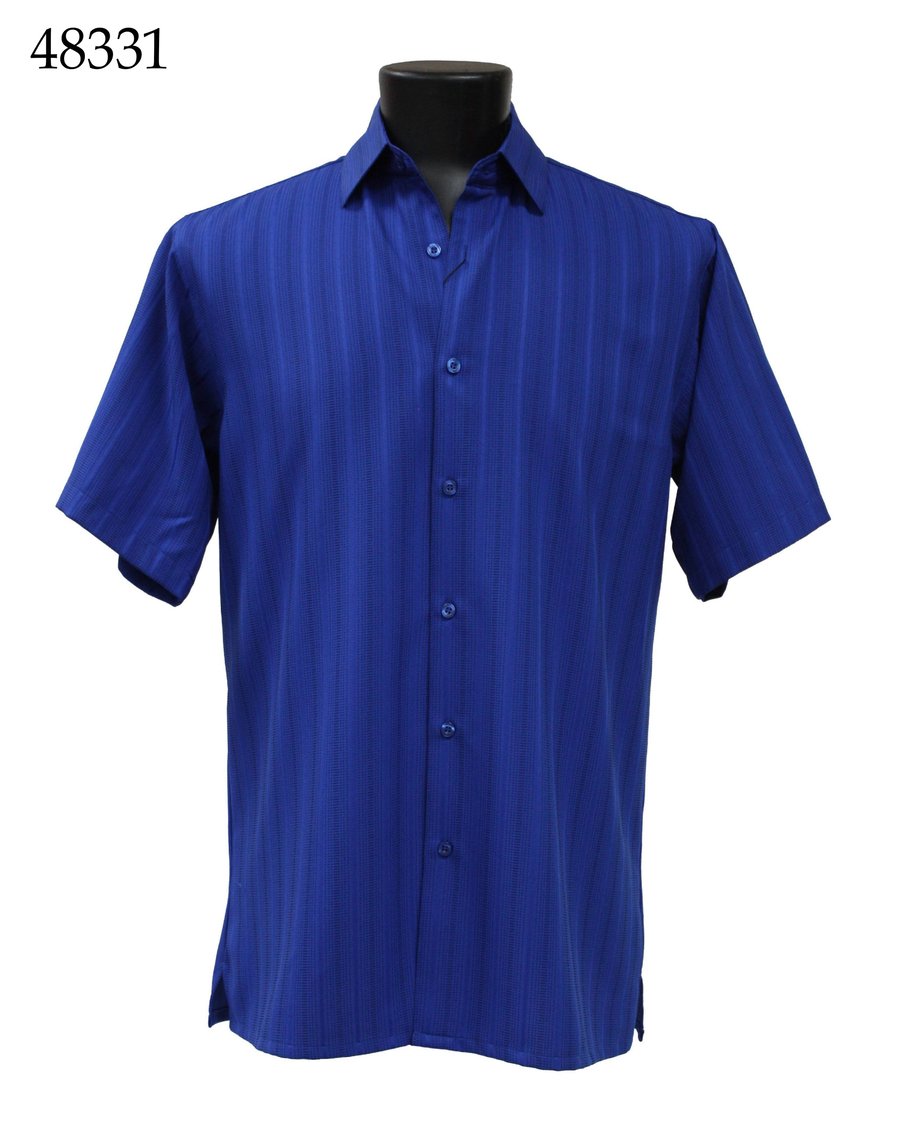 The Bassiri Short Sleeve Shirt 48331, a regular fit blue button-up featuring subtle tone-on-tone vertical stripes, is displayed on a black mannequin torso. The product number 48331 appears in the top left corner.