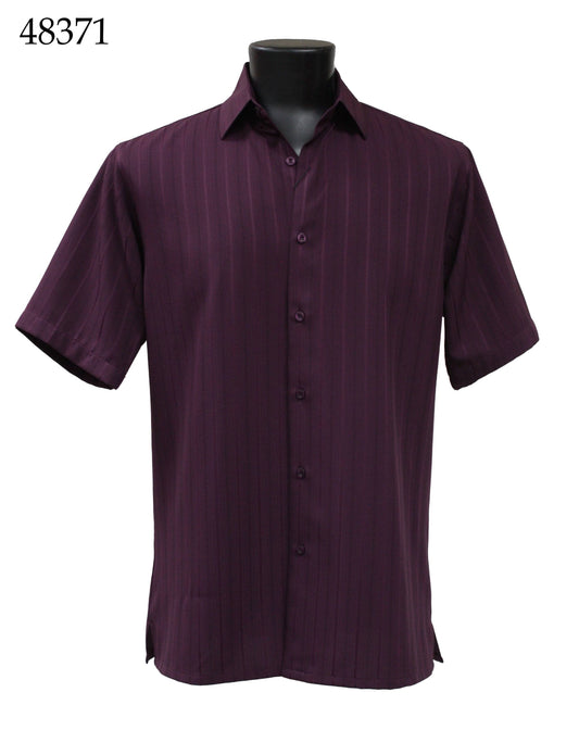 Bassiri's Short Sleeve Shirt 48371, a regular fit purple button-up with subtle vertical stripes, displayed on a white background.