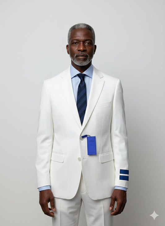 The Cavelli Uomo Porto SLIM FIT Suit Jacket 1986/22 in white by CAVELLI features beige buttons, blue tag and accent stripes on the left sleeve—final sale, no returns or exchanges—perfect office wear displayed on a wood floor.