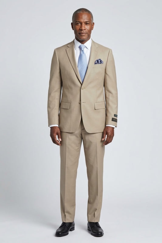 Close-up of the waistband and upper section of the Tiglio Luxe Novello Tan Pure Wool Men’s Suit TIG1004, featuring a button closure, belt loops, and part of a white shirt tucked in.