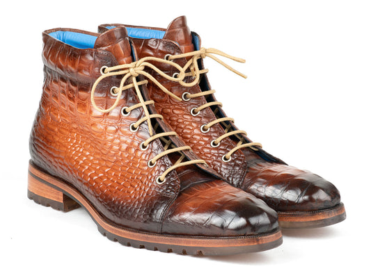 Paul Parkman Men's Brown Croco Embossed Leather Boots, model number 12811-BRW, featuring beige laces and wooden soles, showcased on a white background.