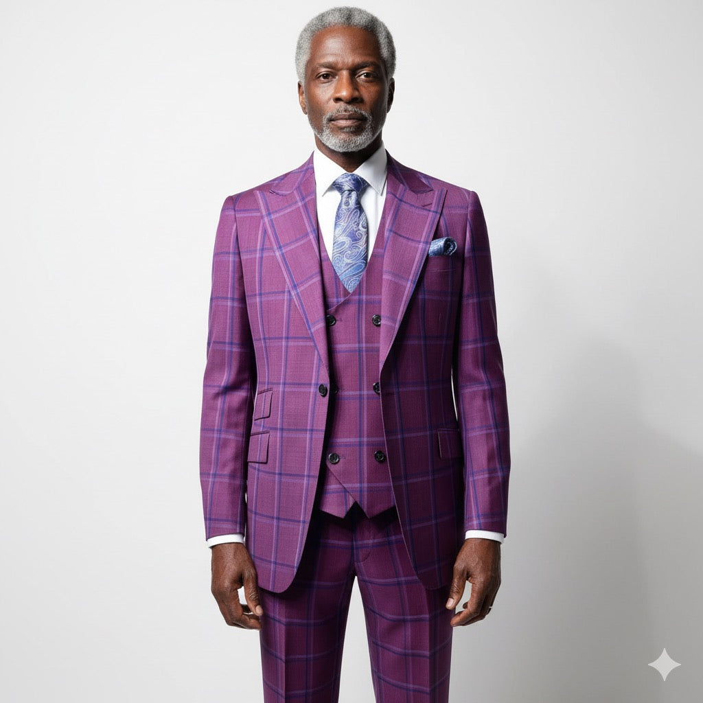 A mannequin displays the Tiglio Rosso Orvietto Burgundy/Blue TL6333 three-piece suit, complemented by a matching tie, set against a gray backdrop.