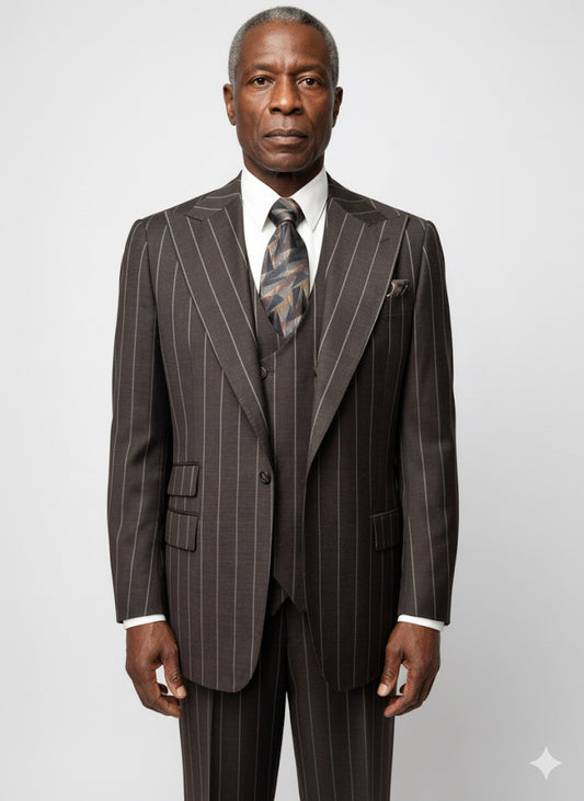A mannequin displays the Tiglio Rosso Orvietto Brown Pinstripe TL8101 suit with a white shirt and patterned tie, highlighting the classic style of Tiglio Rosso against a simple light background.