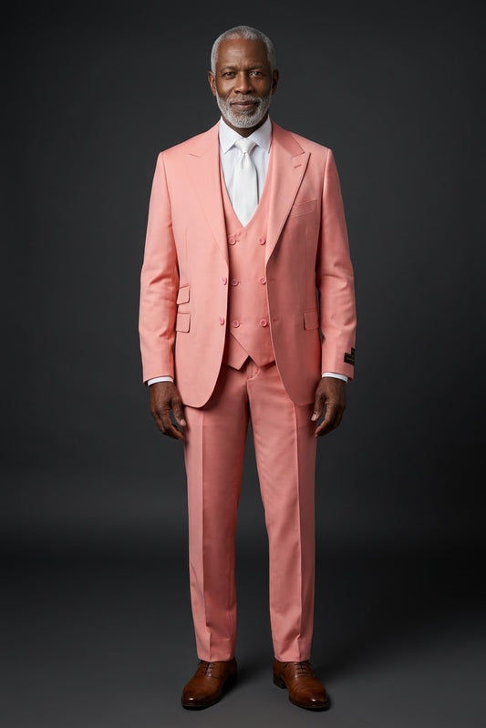 The Tiglio Luxe Coral Prosecco Modern Fit Pure Wool Suit & Vest TL2626 for men features a light pink hue, single-breasted jacket, matching trousers, and vest—all inspired by Italian tailoring and displayed on a white background.