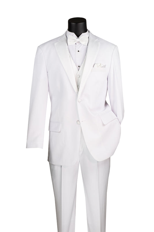 A white Vinci Suits Regular Fit 4 Piece Tuxedo with a bow tie, vest, pocket square, and striped shirt is elegantly displayed on a black mannequin.