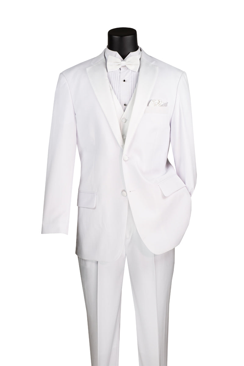 Vinci Suits Regular Fit 4 Piece Tuxedo with Vest Bow Tie Adjustable Waistband White 4TV-2 displayed on a black mannequin against a plain background.