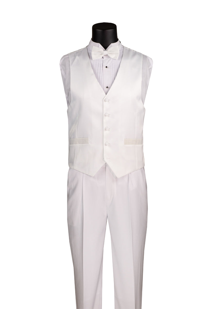 Vinci Suits Regular Fit 4 Piece Tuxedo with Vest Bow Tie Adjustable Waistband White 4TV-2 displayed on a black mannequin against a plain background.