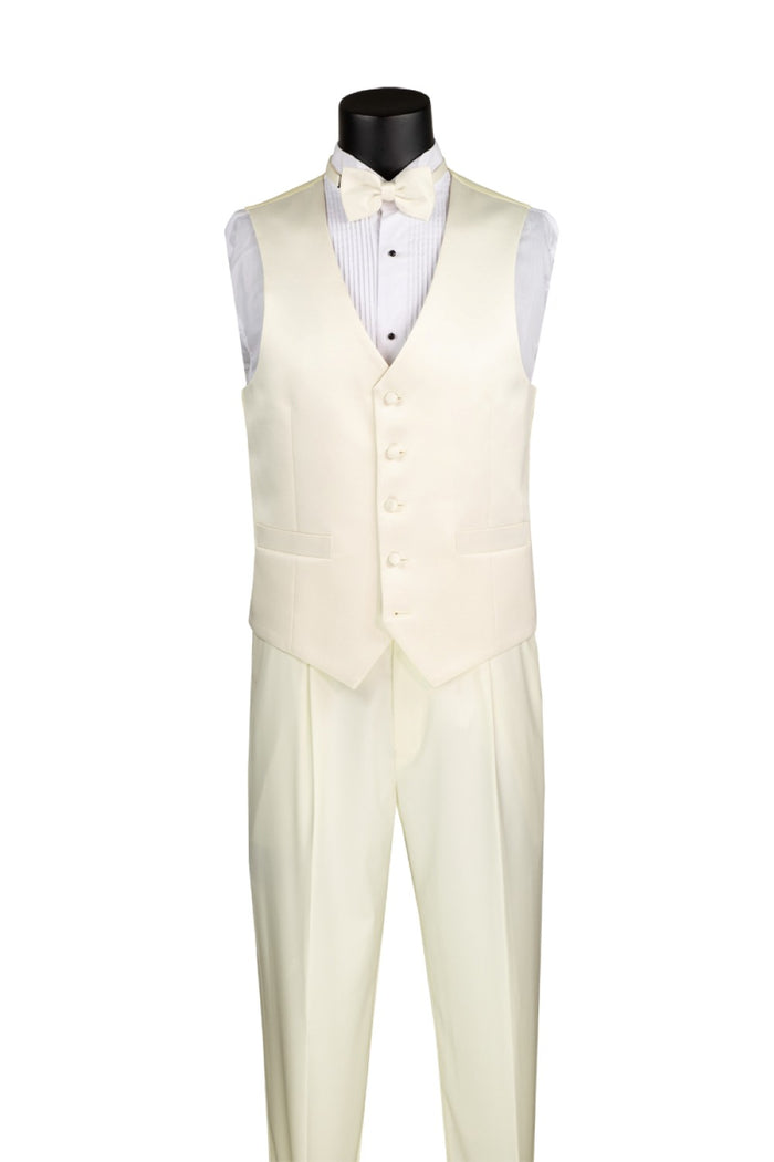 Vinci Suits Regular Fit 4 Piece Tuxedo with Vest Bow Tie Adjustable Waistband Ivory 4TV-2 shown with white shirt and accessories on mannequin.