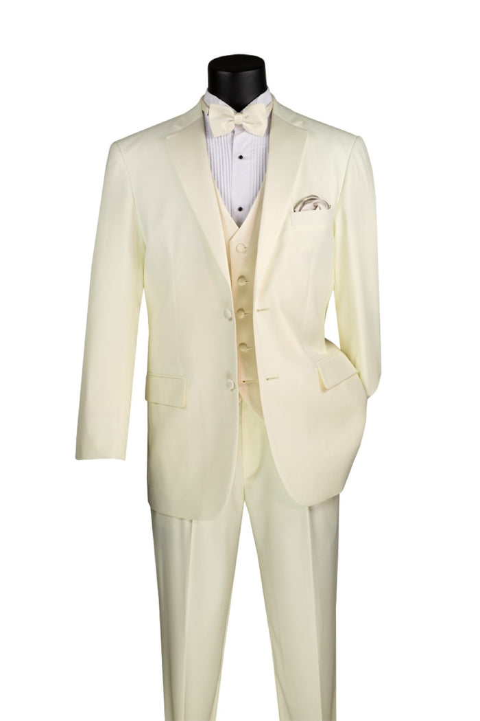 Vinci Suits Regular Fit 4 Piece Tuxedo with Vest Bow Tie Adjustable Waistband Ivory 4TV-2 shown with white shirt and accessories on mannequin.