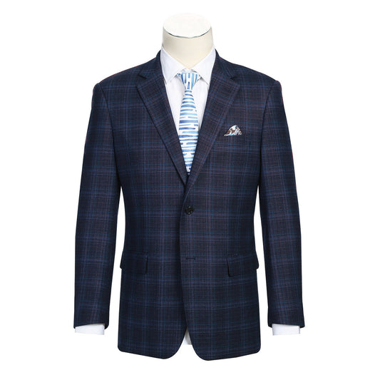 The Renoir Alessandro Vitello Wool Blend Stretch Checked Navy Blazer 561-15 is shown on a mannequin with a white dress shirt, blue striped tie, and pocket square.